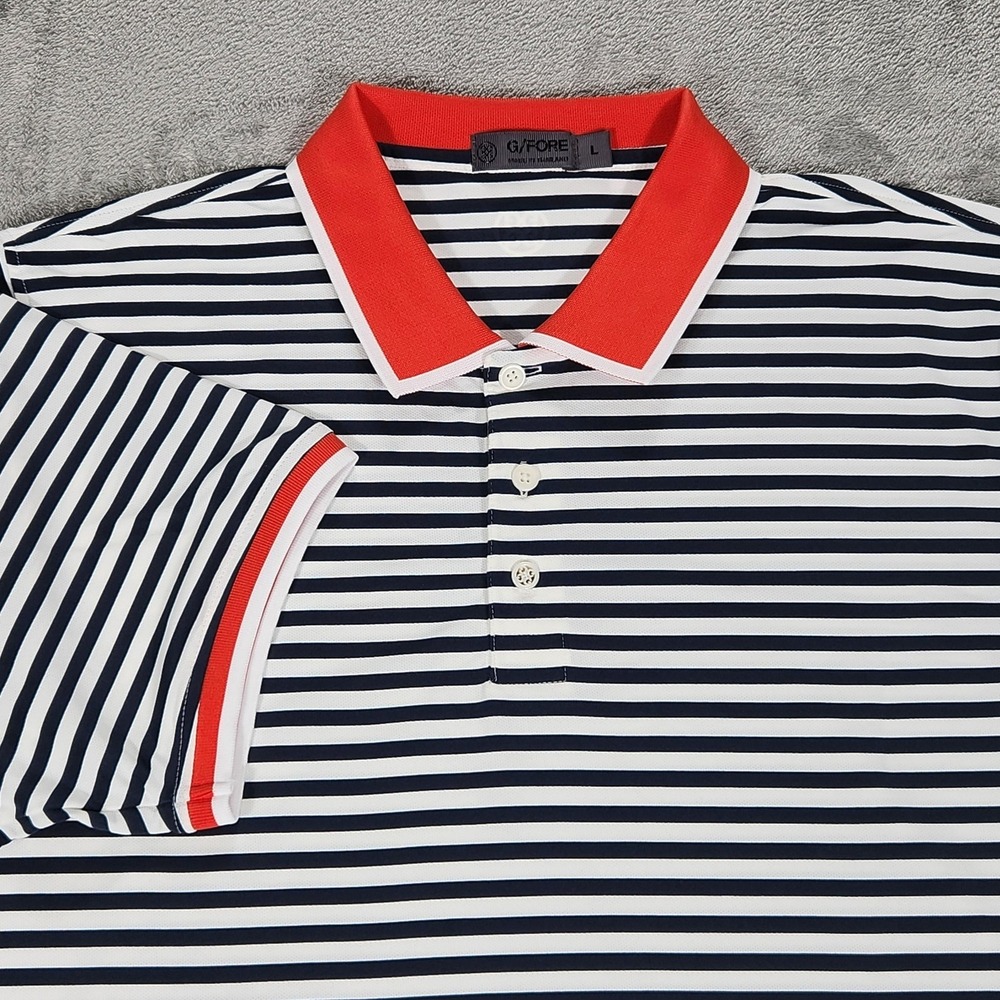 G/FORE Polo Shirt Mens Large Blue Stripe Red Collar Golf Performance Stretch